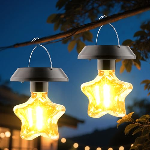 Solarlaterne für Außen Hängend, 2 Stück Wasserdicht Solarlampen für Außen Garten, Solar Laterne Hängend Outdoor mit Glühbirne, Solar Hängeleuchte für Garten Terrasse Hof Balkon Veranda Deko (Stern)