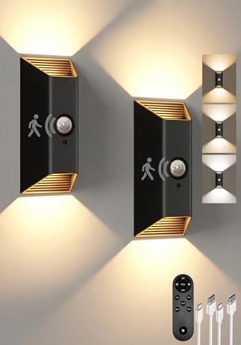 EZVALO Akku Wandleuchte Innen mit Bewegungssensor, 4000mAh Akku Wandlampe mit Fernbedienung, 3 Farben, Timer-Funktion, Wandlicht Up and Down, Aufladbare LED Wandleuchte für Treppe, Flur (2 Stück)