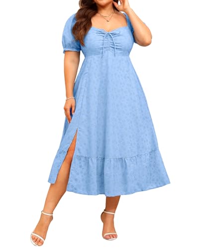 Image of Pinup Fashion Plus Size Summer Eyelet Bridal Shower Graduation Midi Dress | Eyelet embroidered fabric, puff sleeves, sweetheart tie neck, smocked back, side slit, for baby shower, casual dates