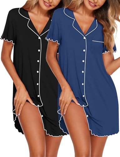 Ekouaer Camicia da Notte Donna Estiva in Due Pezzi Indumenti Maniche Corte Pigiama con Bottoni Confortevole Abito da Notte Aperta Davanti Scollo a V Nero/Blu Scuro M