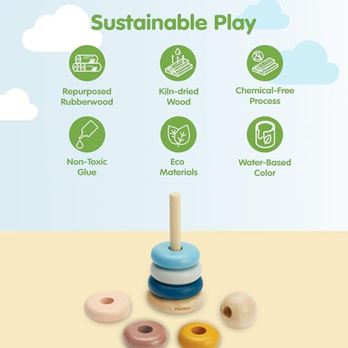 Image of PlanToys Stacking Ring Wooden Montessori Fine Motor and Early Learning Toy in Orchard Shade | Early Coordination and Colour Sorting Activity | Eco Friendly Stacking Ring Set for Meaningful Play