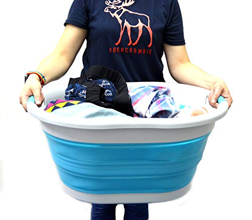 Image of SAMMART 36L (9.5 gallon) Collapsible Plastic Laundry Basket - Oval Tub /Basket - Foldable Storage Container /Organizer - Portable Washing Tub - Space Saving Laundry Hamper, (Oval, Grey /Bright Blue)