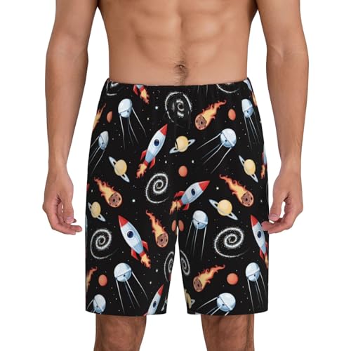 TZTTZT Mens Pajama Shorts with Pockets - Space rocket B Soft Lounge Pj Sleep Shorts Pajama Bottoms for Men Black