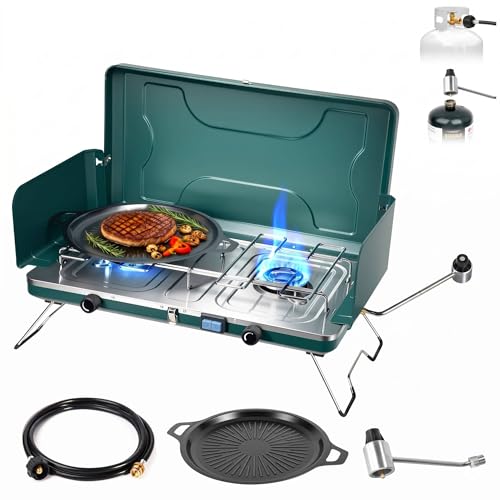 GOSPOWOR 2 Burner Propane Stove 20000BTU Portable Camping Stove with 2 Adjustable Burner and Wind Guards Camping Cooktop with Ignition & Griddle for Camping Tailgating BBQ Grilling Outdoor Gear