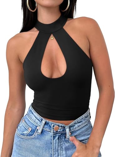 REORIA Women's Sexy Criss Cross Halter Neck Trendy Summer Sleeveless Nightout Cute Y2K Clubwear Going Out Cutout Crop Tops Summer Tops for Women Concert Outfits for Women (Black Small)