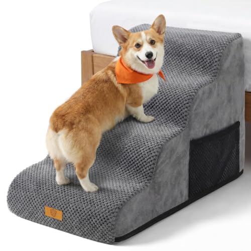 Masthome Escalier Chien Chat 4 Marches, Pente Douce Protège Articulations, Mousse 30D, Double Antidérapant, Housse Lavable Amovible Poche Latérale, Adapté...