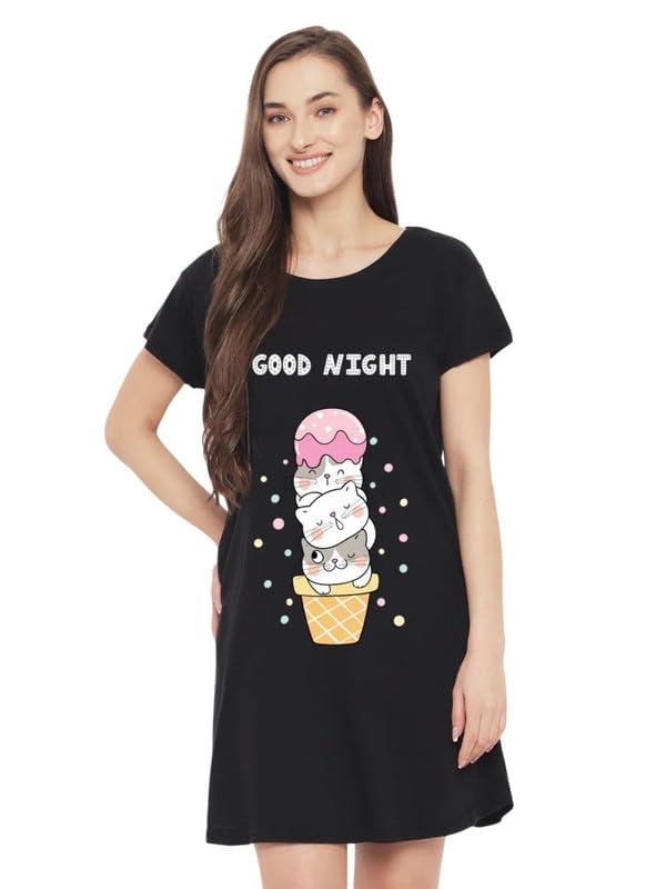 Image of Fflirtygo Women's Cotton Nighty | Printed Knee Length Night Gown |Relaxed Fit Nightwear |Short Nightdress| Long T-Shirt | Sleepwear & Casual Wear Nighty (Pack of 2)