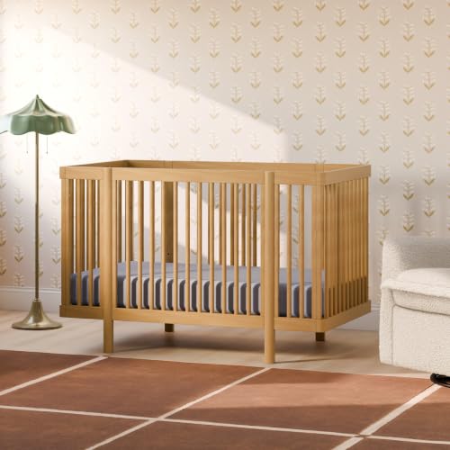 Image of Babyletto Pogo Convertible All-Stages Bassinet, Midi, Full-Size Crib in Honey, Greenguard Gold and FSC Certified, Portable & Adjustable with Conversion Kits and Pads Included