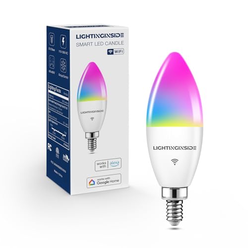Lightinginside E12 Smart Light Bulbs 60W Equiv., Work with Alexa/Google Home/Smart Life, 500LM 6W RGBCW Candle Candelabra LED Light Bulbs, No Hub Required, 2.4G WiFi Bluetooth Bulb, ETL List