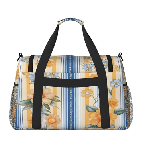 Travel Duffel Bag For Men Women, Blue Yellow Stripe Flower Carry On Sport Gym Bag With Shoulder Strap Lightweight Waterproof Weekender Bag Overnight Bag2