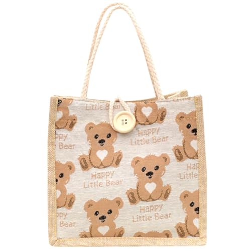 Image of HATFRYF Mini Jute Tote Bag with Bear Prints, Cute Bear Tote Handbag, Fabric Bags Small with Handles, Reusable Jute Burlap Folding Shopping Bags, Small Gift Bag for Daily,Office,School Work