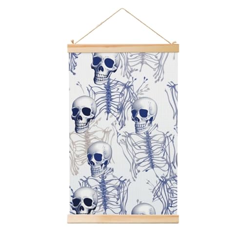 Impression sur toile squelette bleu avec cintre en bois : art vintage 91,4 x 61 cm
