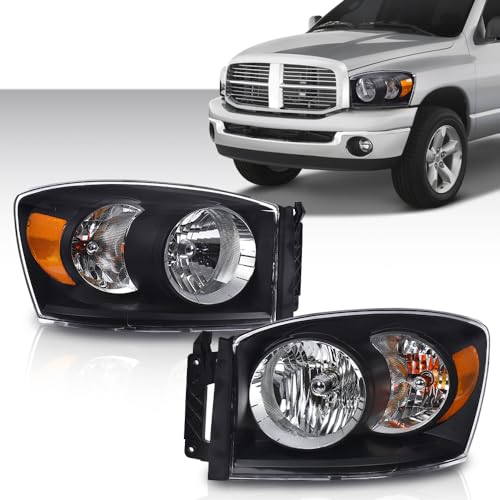 Image of GRAND ORANGE Headlights Assembly with Bulbs Compatible with Dodge Ram 1500 Truck 2006-2008 /Fits Dodge Ram 2500 3500 Truck 2006-2009 Left and Right Side Clear Lens Black Housing Amber Reflector