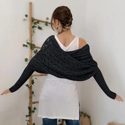 Scarf with Sleeves for Women Knitted Cable Wrap Sweater Shawl with Sleeves for Women Multifunctional Scarf Knit Wrap3
