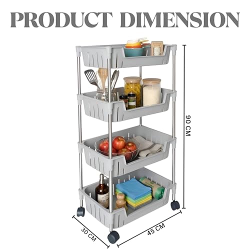 Image of JD FRESH 4-Tier Multi Storage Rack for Home & Kitchen /360-Degree Rotating Wheels with Breathable Kitchen Shelf Storage Rack /Plastic Rolling Cart for Kitchen, Bathroom, Office & Living Room (Grey)
