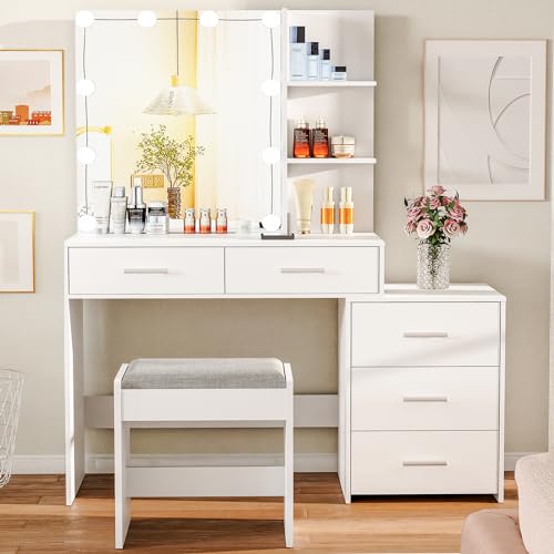 usikey 43.5in Large Vanity Desk with Mirror and 10 LED Lights, Makeup Vanity Table with Lights and 5 Drawers, White Vanity Table Vanity Set with Storage Shelves and Stool for Women Girls, White