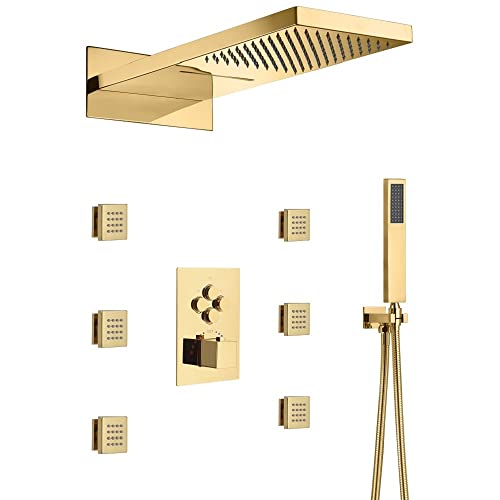 Cascada 9"x22” Rectangular Sistema de Ducha con Control Monocomando y 4 Botones, 4 Funciones (Lluvia, Cascada, Chorros corporales y Ducha de mano) en Dorado Brillante