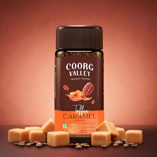 Image of Coorg Valley Toffee Caramel Instant Coffee 50g | Flavoured Coffee | Premium Blend of Robusta & Arabica | Freeze Dried | Make Cafe Style Hot & Cold Coffee at Home