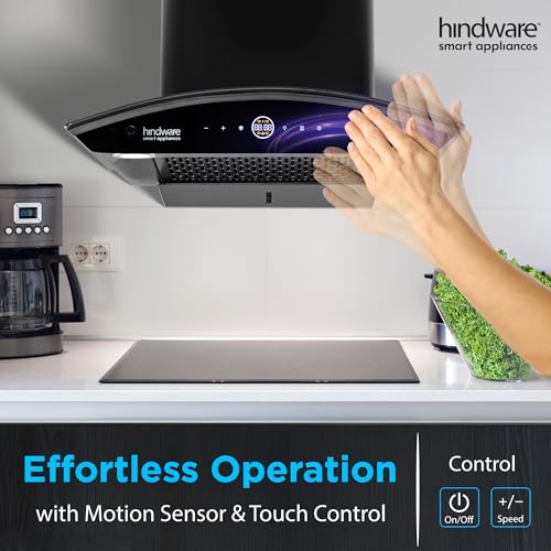 Image of Hindware Smart Appliances | Nadia BLDC 60 IN Kitchen Chimney | 1600 CMH |Curved Glass | Filterless | Auto Clean | Touch Control, Motion Sensor | 12 Yrs Warranty on Motor & 3 Yrs on Product (Black)