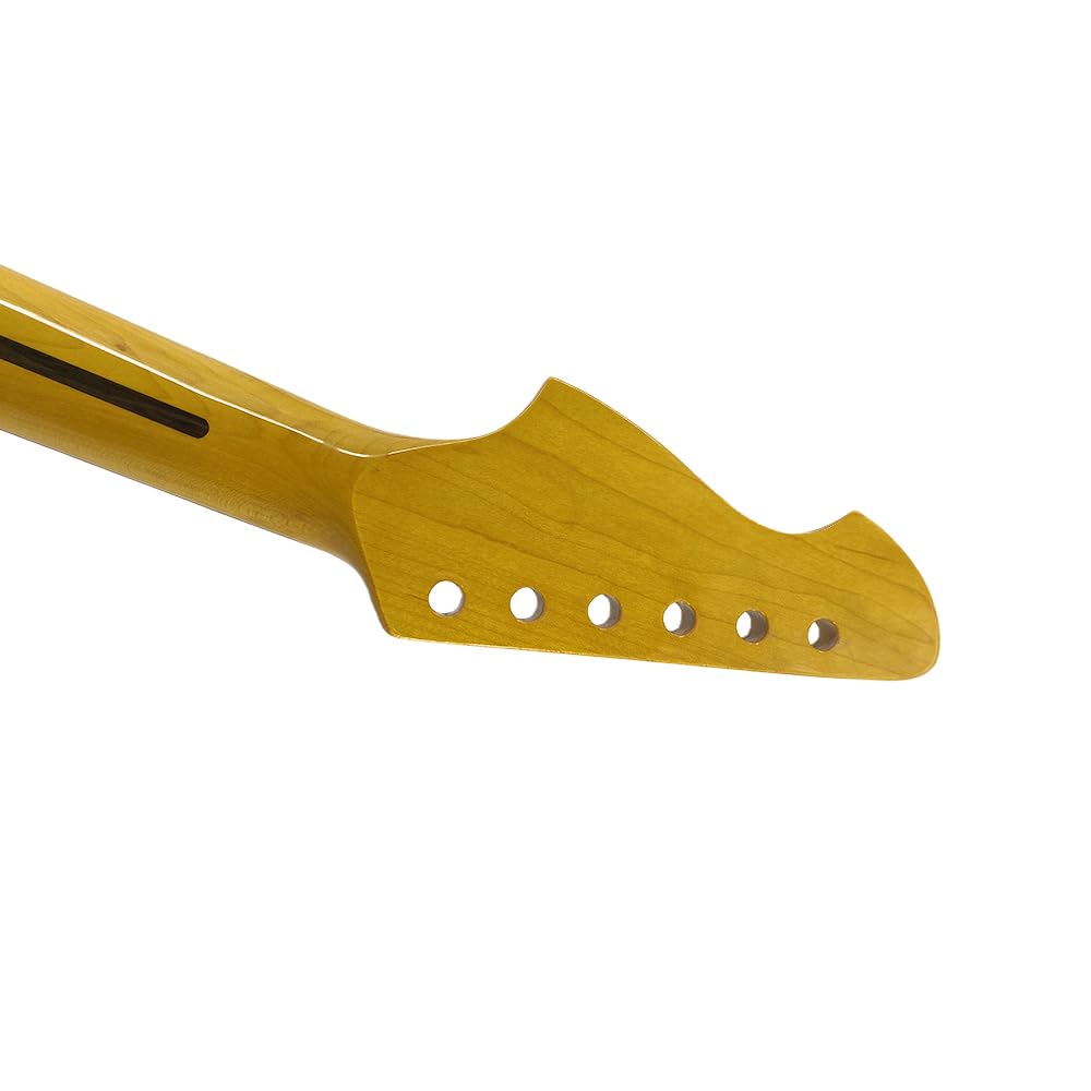 Manico di ricambio per chitarra elettrica, in acero con tastiera in palissandro, 22 tasti, scala da 65 cm, tacco imbullonato, finitura lucida gialla (intarsio in vite)