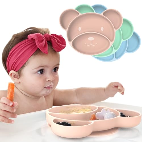 Image of Suction Plates for Baby and Toddler Plates - Non Slip Baby Plates with Suction Silicone Plates for Baby and Kids for No More Meal Time Mess - Stay Put Divided Silicone Placemat - Pink