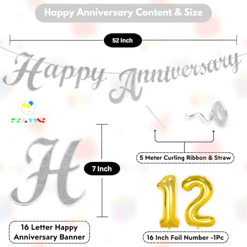 Image of Flyloons 12th Happy Anniversary Banner Silver Decorations Kit for Men Women Wedding Anniversary Banner Items without Balloons