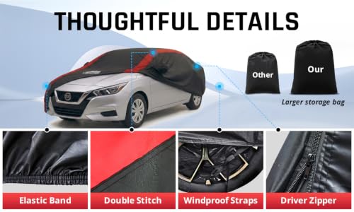 Image of Car Cover Custom Fit for Nissan Versa 2007-2026 | Red Strip Design, Driver Door Zipper, Windproof Strip, Oxford Cloth, Storage Bag
