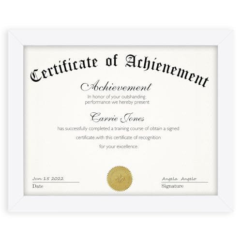 Frametory, 8.5 x 11 Picture Frame with Back Hangers for Wall Display, Easel Stand for Tabletop, for Certificates, Documents, Awards, Acknowledgements, Wide Molding (White, 1-Pack)