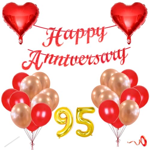 Image of Flyloons 95th Happy Anniversary Decoration Items Red Rose Gold for Men Women Husband Wife Mom Dad Parent Couple Home Bedroom Car With 20 Pcs Metallic Balloons Anniversary Banner 2 Pcs Heart Set Kit