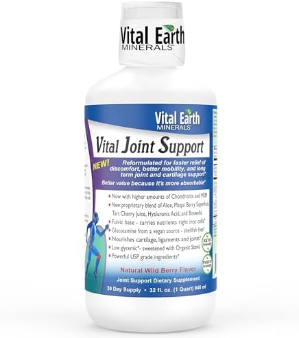 Vital Earth Liquid Joint Support Supplement – Glucosamine, Chondroitin, MSM Plus Hyaluronic Acid, Boswellia & Fulvic Acid (70+ Trace Minerals), 32 Oz + 1 Oz Cup