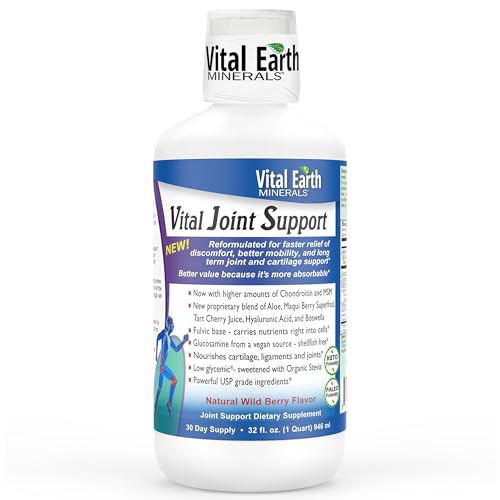 Vital Earth Liquid Joint Support Supplement – Glucosamine, Chondroitin, MSM Plus Hyaluronic Acid, Boswellia & Fulvic Acid (70+ Trace Minerals), 32 Oz + 1 Oz Cup