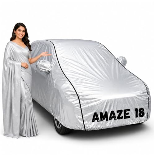 Image of Waterproof Car Body Cover for Amaze 18 All Weather Protection Comes with Inner Cotton Lining & Triple Stitched with Mirror & Antenna Pocket Belt & Elastic Fit Metallic Silver with Black Piping1