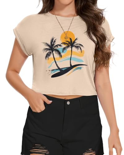 Image of Womens Crop Tops Summer Roll Cap Sleeve Cropped Tshirt Loose Fit Basic Tees