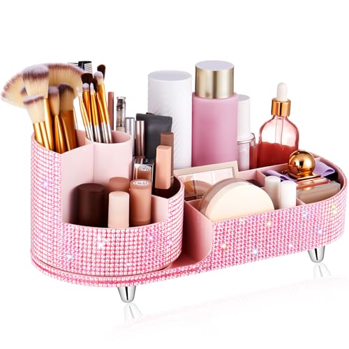 Resholder Teen Girls Women Gift Bling Makeup Organizer Large Girly Makeup Organizer 360 Rotating Rhinestone Diamond Skin Care Brush Holder for Countertop Bathroom, Teen Girls Essentials (Pink)