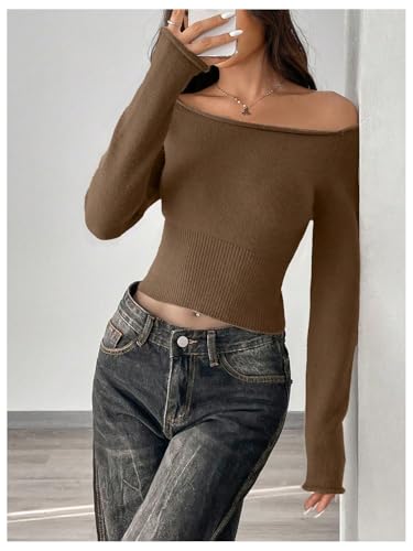 Image of GORGLITTER Women's Off The Shoulder Rib Knit Crop Sweater Raglan Sleeve Slim Pullover Tops Chocolate Brown Large