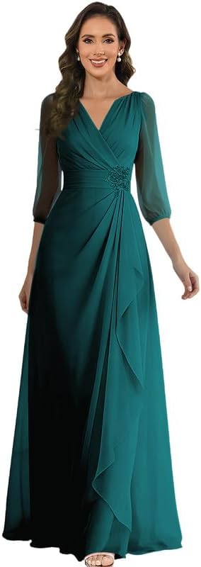 Cozcy Women's Chiffon Mother of The Bride Dresses Long Sleeve Ruched A Line Ruffles Formal Evening Dress