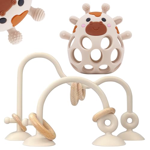 Image of Baby High Chair Toys Teething Chew - Baby Table Toys, High Chair Suction Toy Teething Toys Silicone Teethers, Food Grade Silicon for 6 12 18 Months White