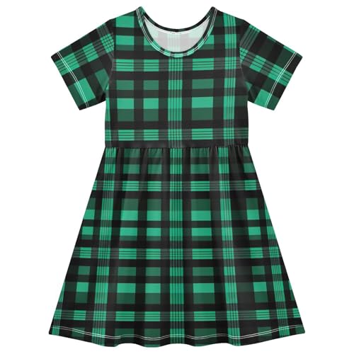 Emelivor Black Green Plaid Girls Dresses Short Sleeve T-Shirt Dress