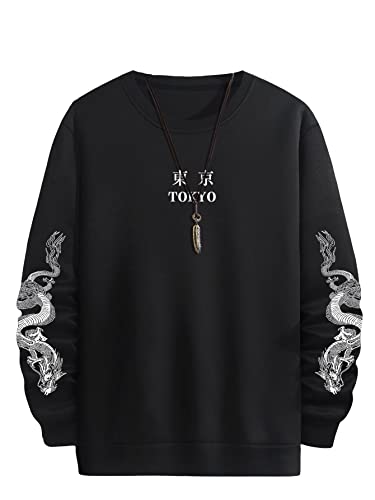 WDIRARA Men's Dragon Letter Graphic Print Sweatshirt Long Sleeve Round Neck Tops Casual Pullovers