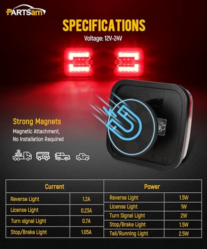 Image of Partsam Square LED Magnetic Towing Tail Light Trailer Light Kit Universal Stop Turn Signal Running Light Red+Clear Lens w / 7-Pin Plug Extension Wire for Trucks Trailers 12-24V