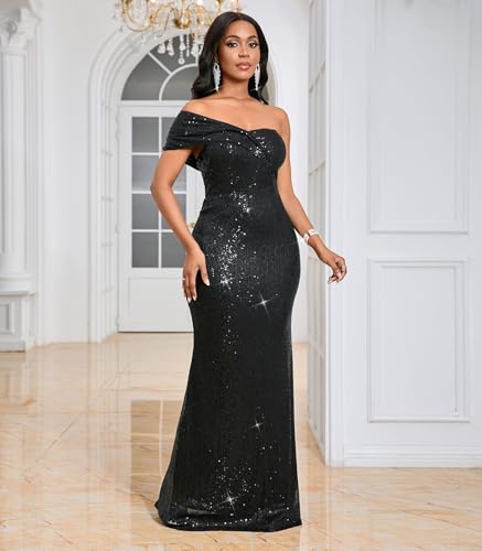 Image of Cololura Women Sexy Sequin One Shoulder Mermaid Formal Party Cocktail Gowns Bodycon Evening Maxi Dress