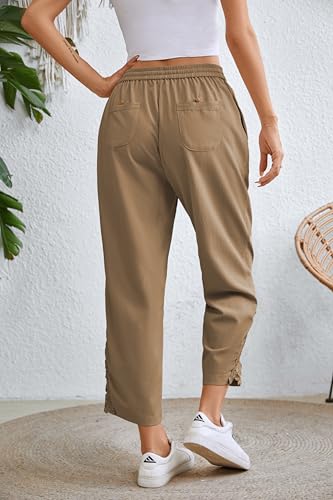 Image of Women Casual Lightweight Drawstring Elastic Waist Cropped Linen Pants Fall Spring Slacks Capri Pants Trendy Fashion 2026 Beach Trousers with Pockets Khaki Large