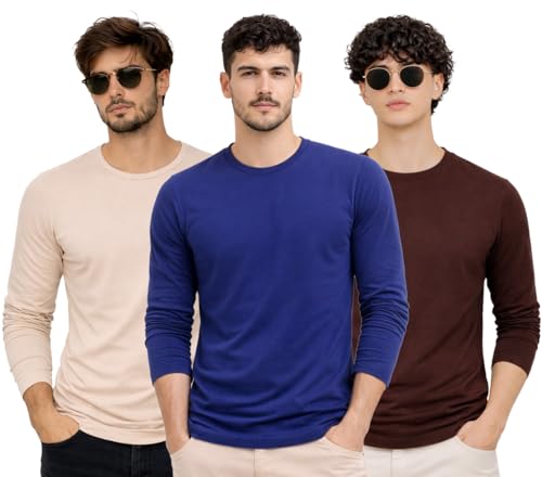 Image of Men's Regular Fit Plain Full Sleeve T- Shirt, Spun Cotton Fabric, Soft and Comfortable Casual Everyday Wear (Pack of 3) (Size Range S to 2XL)