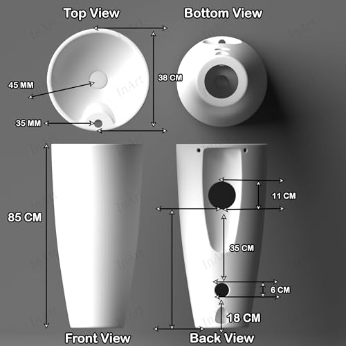 Image of InArt One Piece Ceramic Pedestal Free Standing Round Wash Basin for Living Room and Bathroom (16 x 16 x 32 Inch, White)