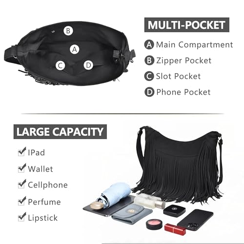 Image of Fringe Hobo Bags for Women Vintage Suede Crossbody Bag Hippie Western Cowgirl Purses Tassel Shoulder Bag