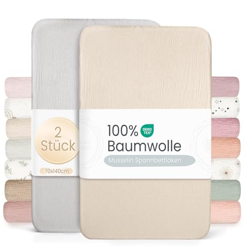 lulumoon 2er Set Kinder Spannbettlaken, Musselin-Baumwolle Spannbetttuch für Babybett und Kinderbett 60x120cm / 70x140cm Reisebett Spannlaken Beistellbett Leintücher (Grau Creme, 70x140cm)