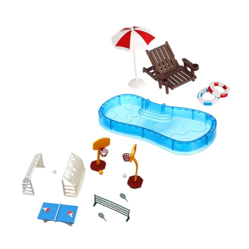 Piscine maison de poupée HEMOTON avec mini transat plastique et bouée miniature