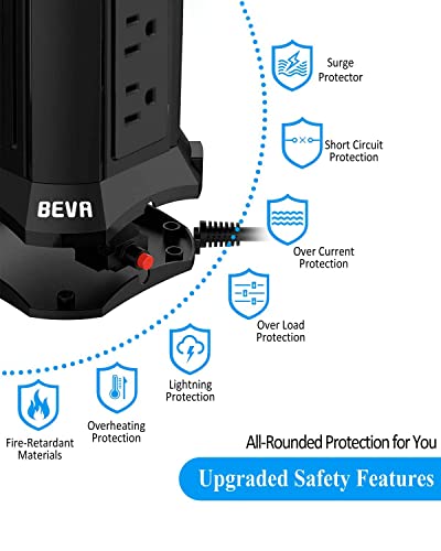 Power Strip Tower Surge Protector Beva 10Ft Flat Plug Desktop Charging Station 9 Ac Outlets 4 Usb Ports, 900 Joules, Long Extension Cord For Home Office Appliances Smartphones Computer Tablets(Black) #TOP2