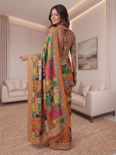 Image of Women's Multicolor Patchwork Printed Saree with Designer Border | Soft Lightweight Ethnic Saree with Unstitched Blouse Piece Traditional Festival Casual Indian Saree