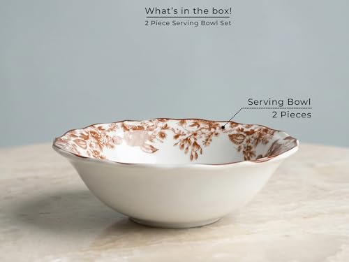 Image of Bodhi House 2-Piece Brown Leaf White Porcelain Serving Bowl Set | Lightweight, Chip Resistant, | Microwave & Dishwasher Safe | Elegant Tableware for Home Dining, Parties, Serving & Gifting Use